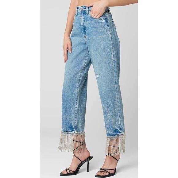 BLANK NYC Women’s Baxter Rhinestone Fringed Ankle Straight Leg Denim Jeans - Picture 1 of 6